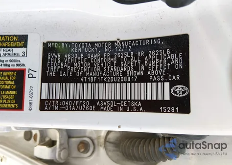 2013 Toyota Camry Se z USA, uszkodzony, nr VIN 4T1BF1FK2DU208817